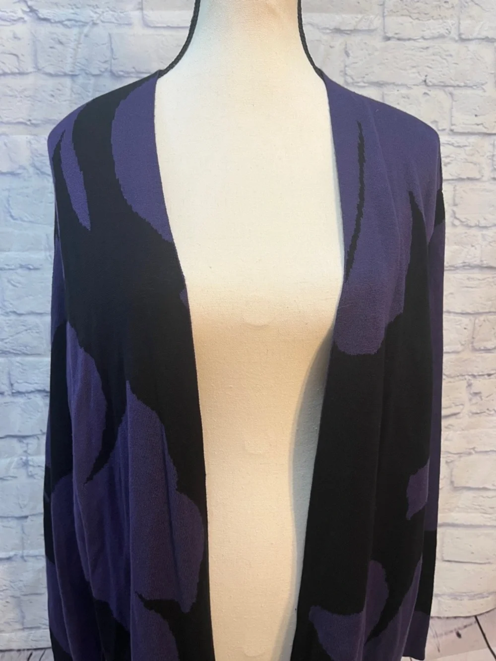 Chico’s Long Sweater Jacket Duster Purple/Black Floating Foliage NWT Chicos 3 XL